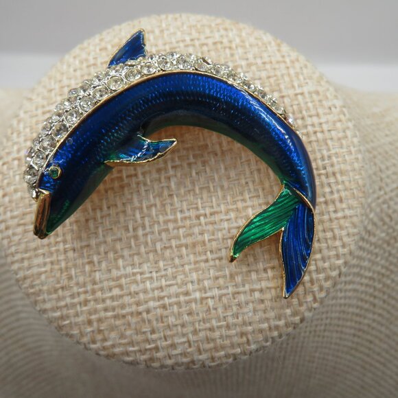 Vintage Dolphin Porpoise Rhinestone Accent Blue Green Enamel Brooch - Picture 3 of 6